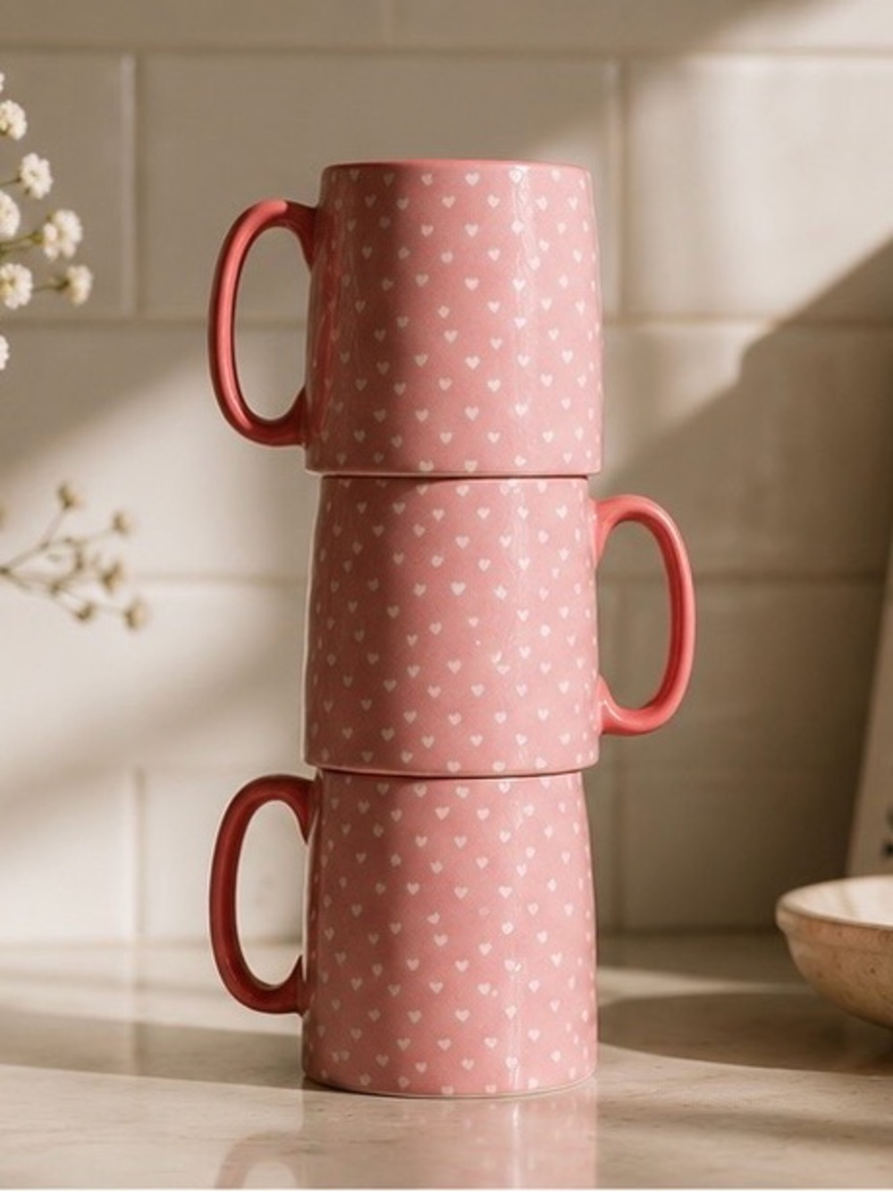 NWT Pink Heart Pattern Ceramic Espresso Mugs - Set of 4
